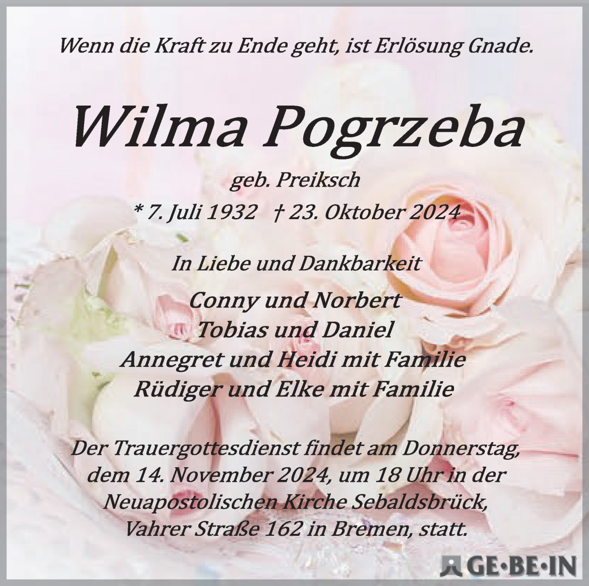 Traueranzeige von Wilma Pogrzeba von WESER-KURIER