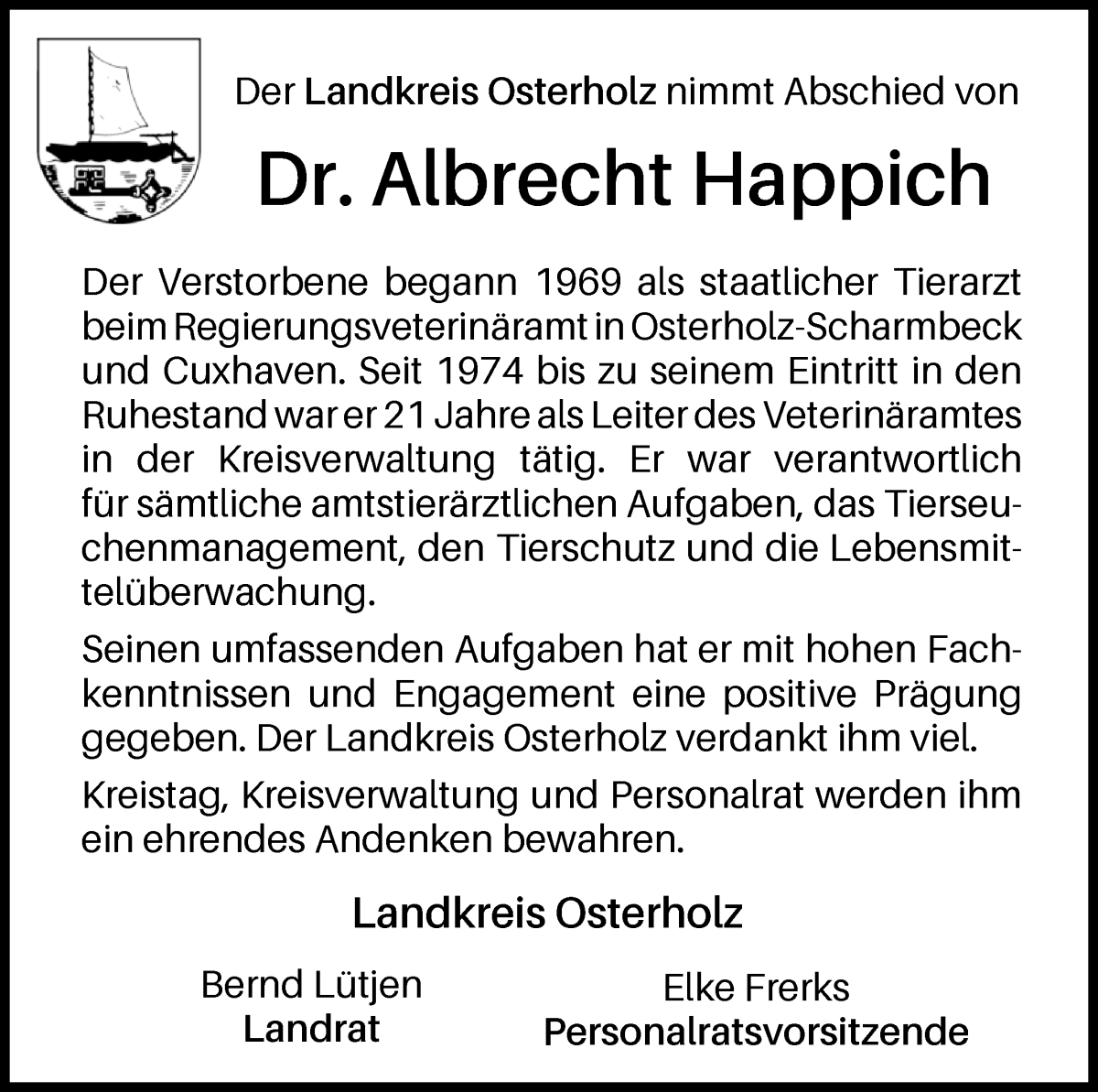 Traueranzeige von Albrecht Happich von Osterholzer Kreisblatt