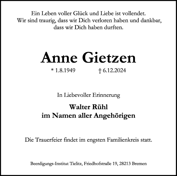 Traueranzeige von Anne Gietzen von WESER-KURIER