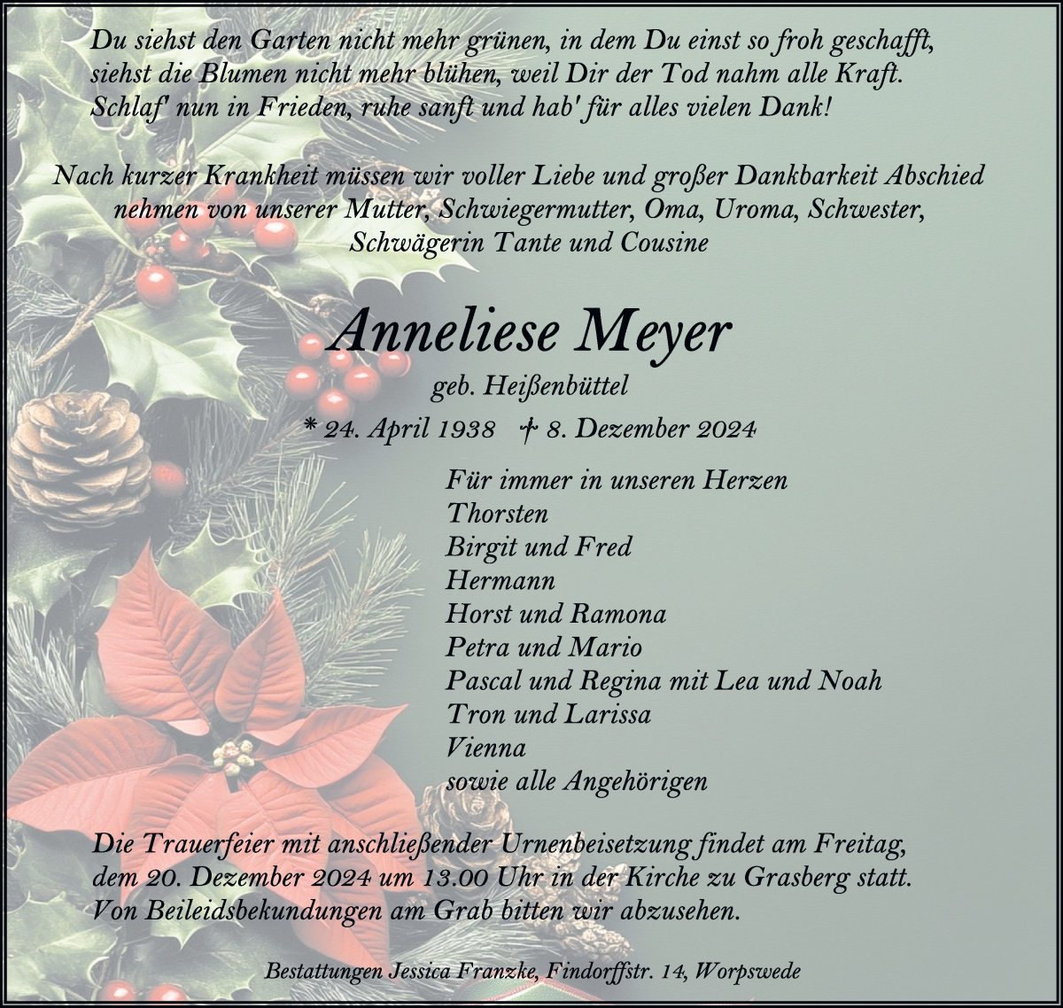 Traueranzeige von Anneliese Meyer von Wuemme Zeitung