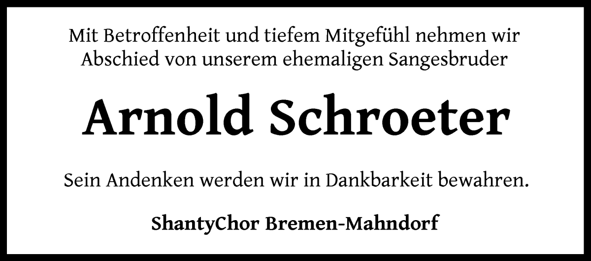 Traueranzeige von Arnold Schroeter von WESER-KURIER