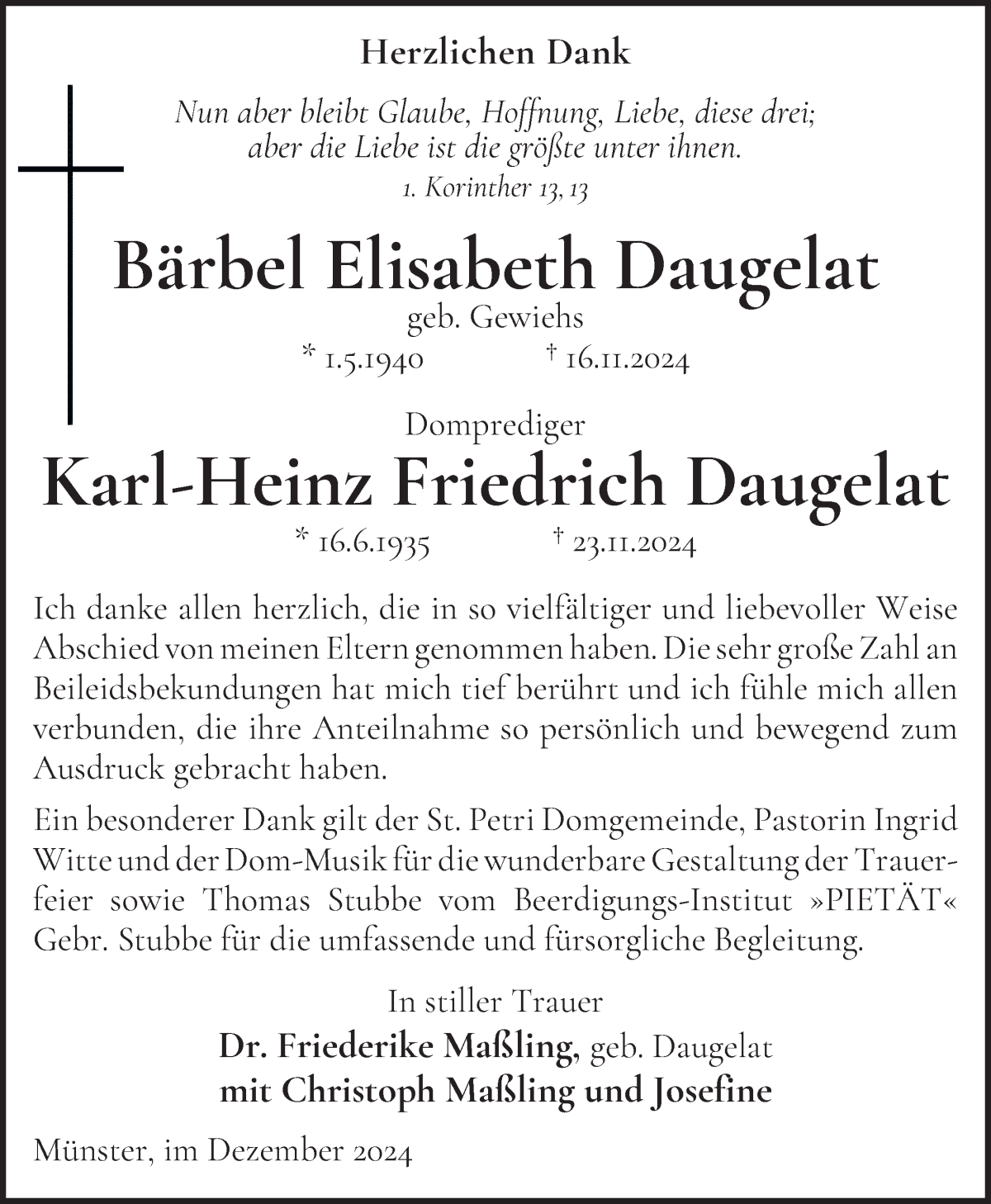 Traueranzeige von Bärbel Elisabeth und Karl-Heinz Friedrich Daugelat von WESER-KURIER
