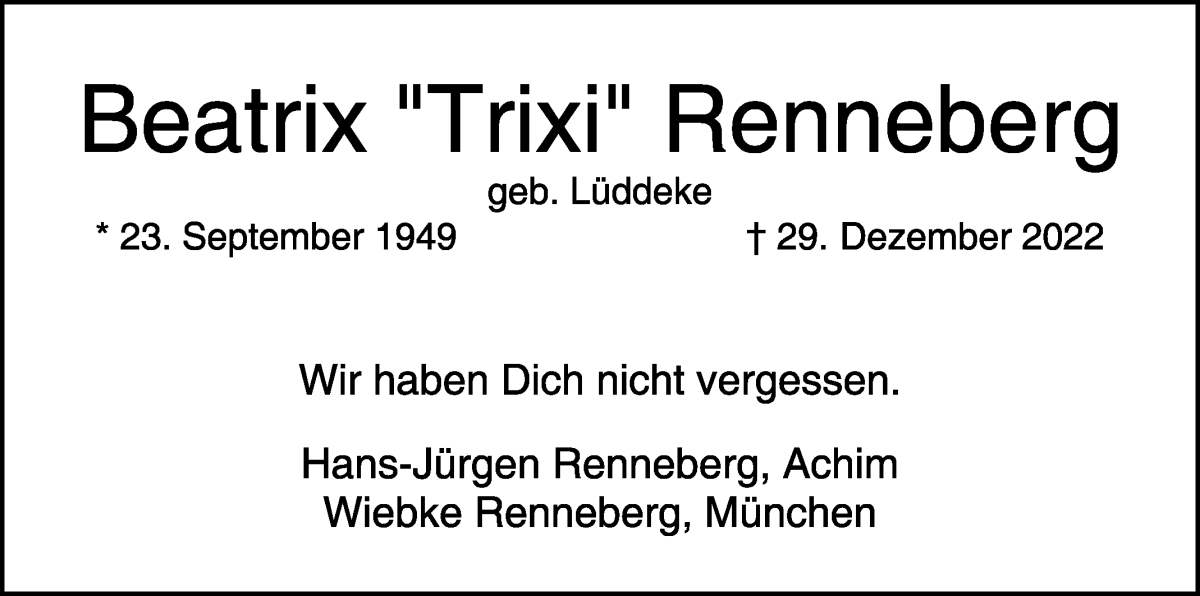 Traueranzeige von Beatrix Renneberg von WESER-KURIER