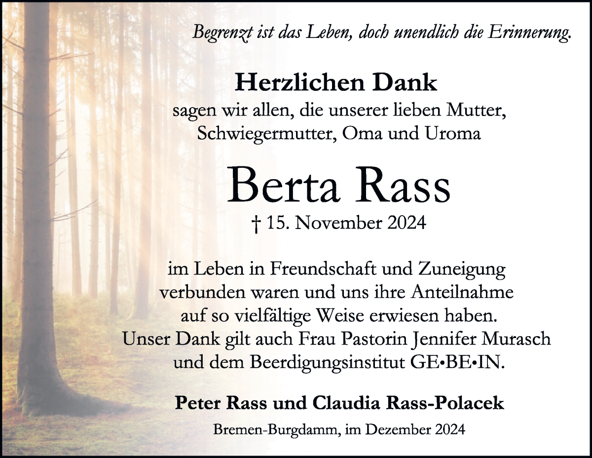 Traueranzeige von Berta Rass von Die Norddeutsche