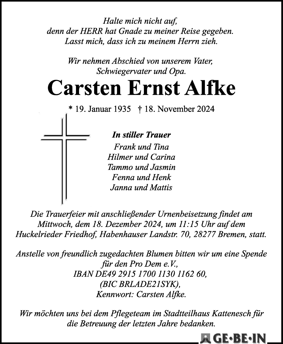 Traueranzeige von Carsten Alfke von WESER-KURIER