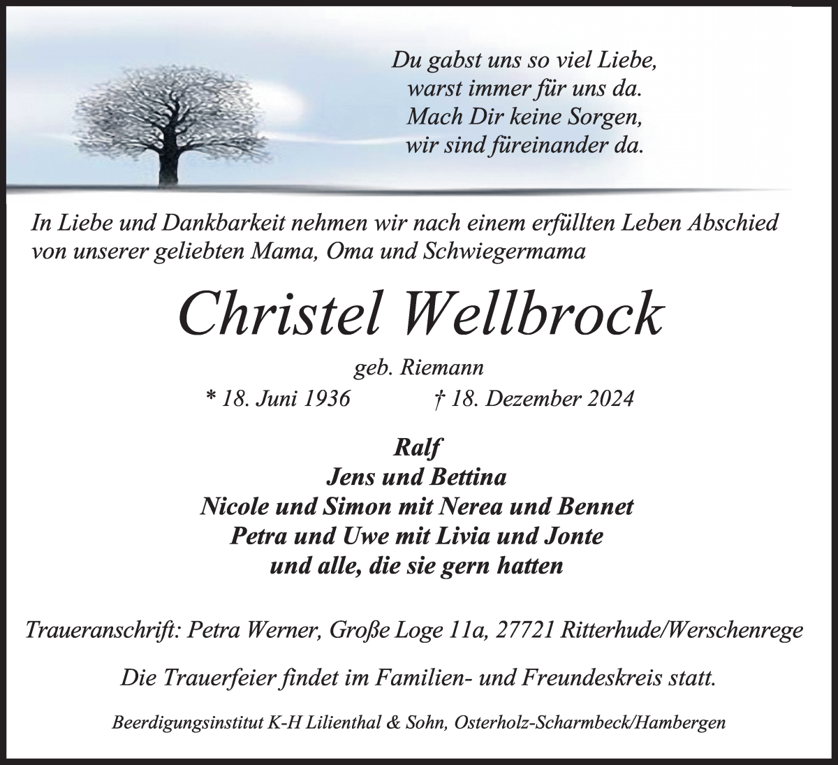 Traueranzeige von Christel Wellbrock von Osterholzer Kreisblatt