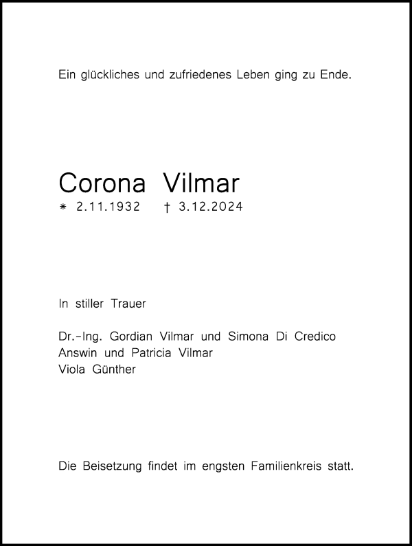 Traueranzeige von Corona Vilmar von WESER-KURIER