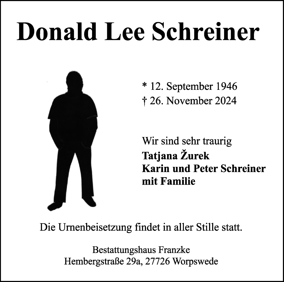 Traueranzeige von Donald Lee Schreiner von WESER-KURIER