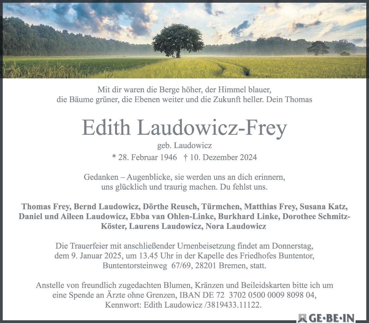 Traueranzeige von Edith Laudowicz-Frey von WESER-KURIER