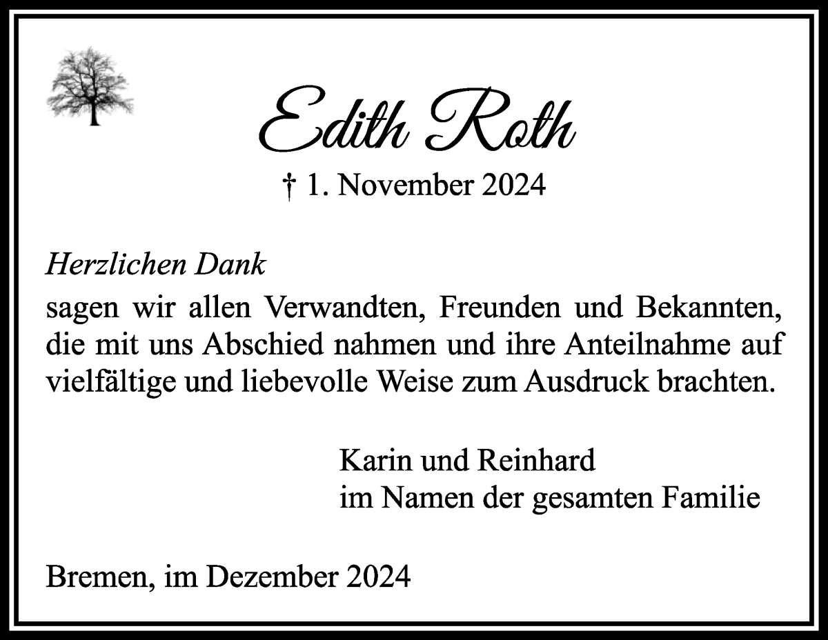 Traueranzeige von Edith Roth von WESER-KURIER