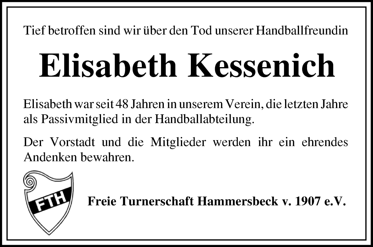 Traueranzeige von Elisabeth Kessenich von Die Norddeutsche