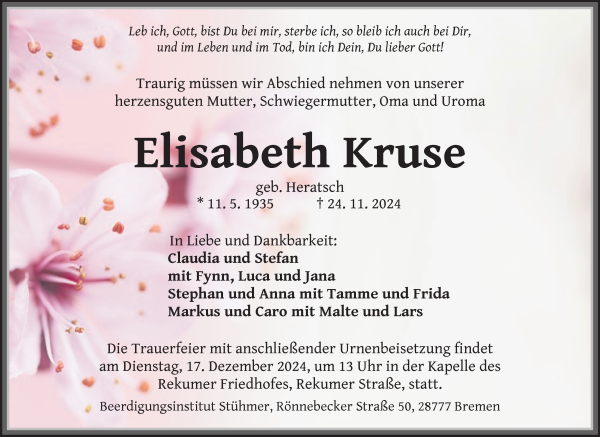 Traueranzeige von Elisabeth Kruse von Die Norddeutsche