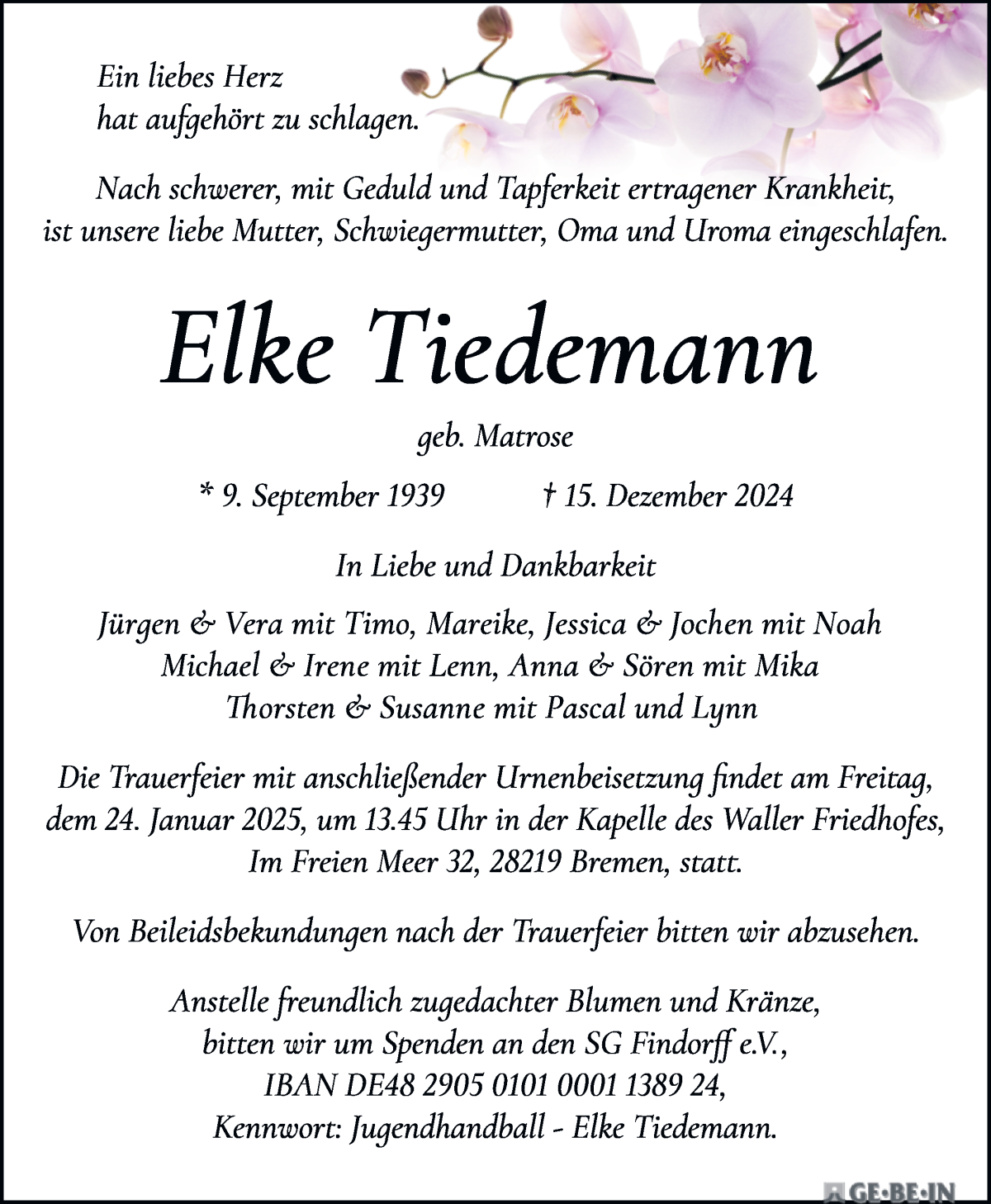 Traueranzeige von Elke Tiedemann von WESER-KURIER