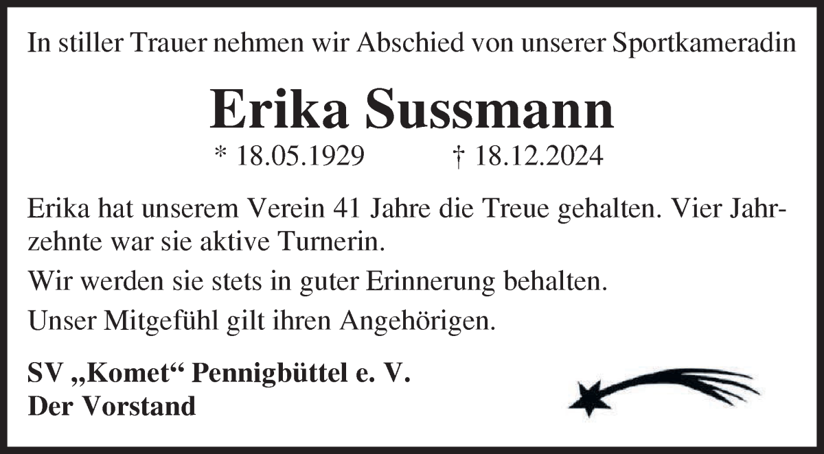 Traueranzeige von Erika Sussmann von Osterholzer Kreisblatt