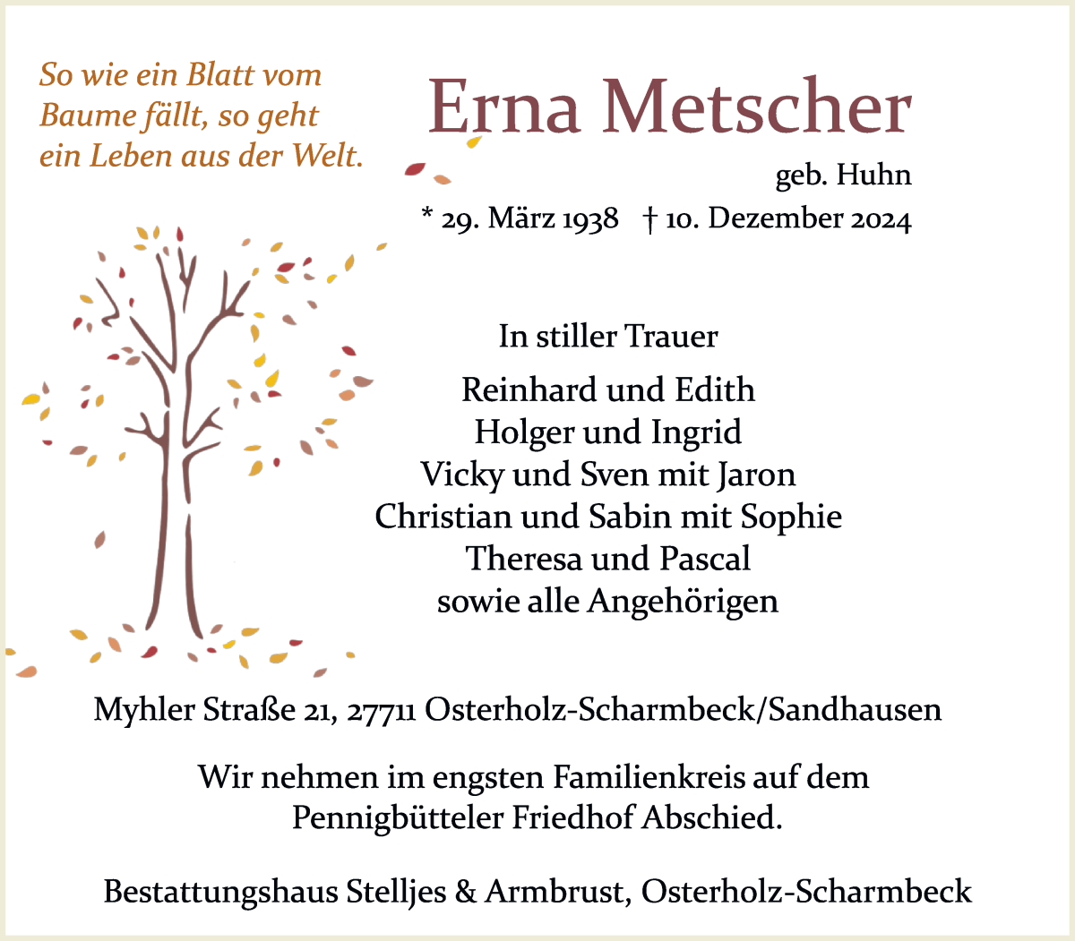 Traueranzeige von Erna Metscher von Osterholzer Kreisblatt