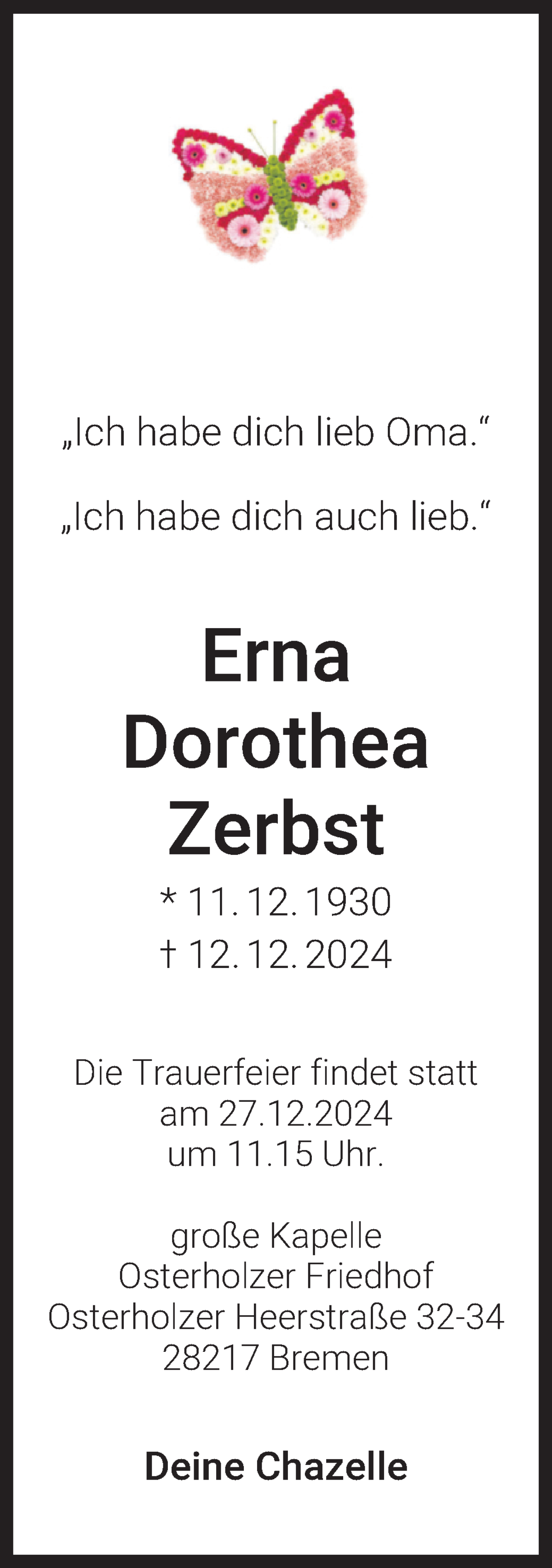 Traueranzeige von Erna Dorothea Zerbst von WESER-KURIER