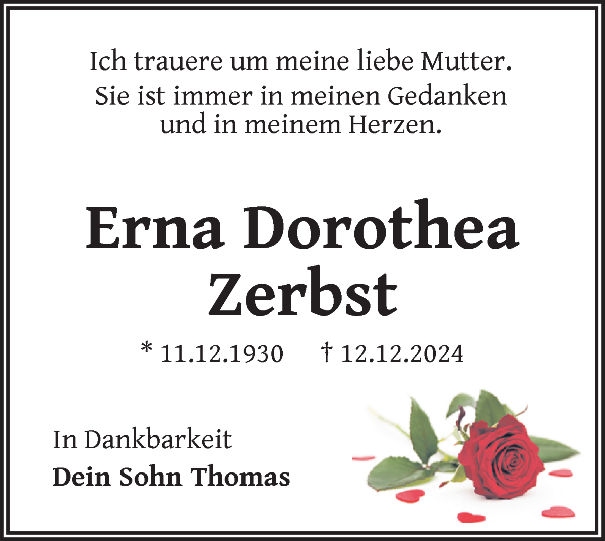 Traueranzeige von Erna Dorothea Zerbst von WESER-KURIER