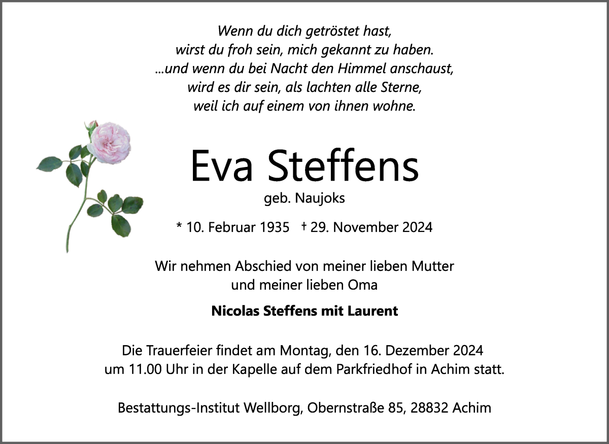 Traueranzeige von Eva Steffens von Achimer Kurier/Verdener Nachrichten