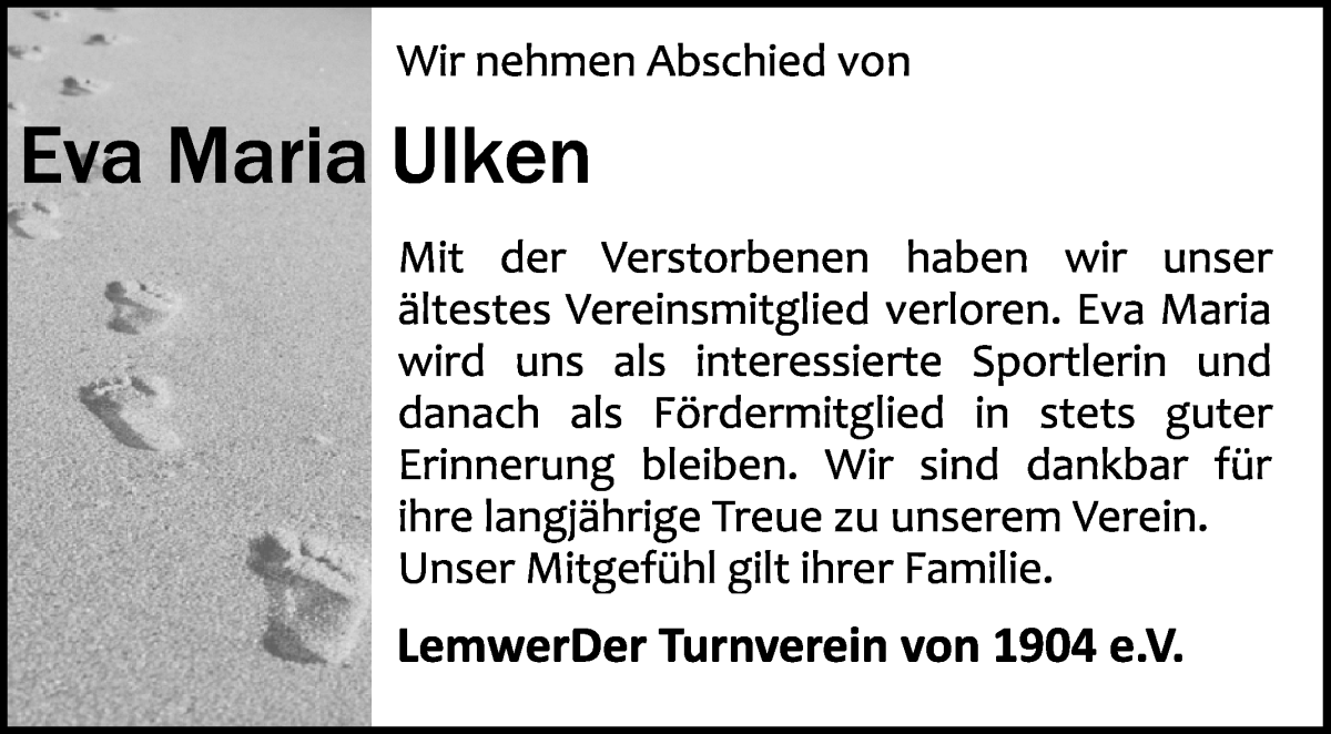 Traueranzeige von Eva Maria Ulken von Die Norddeutsche