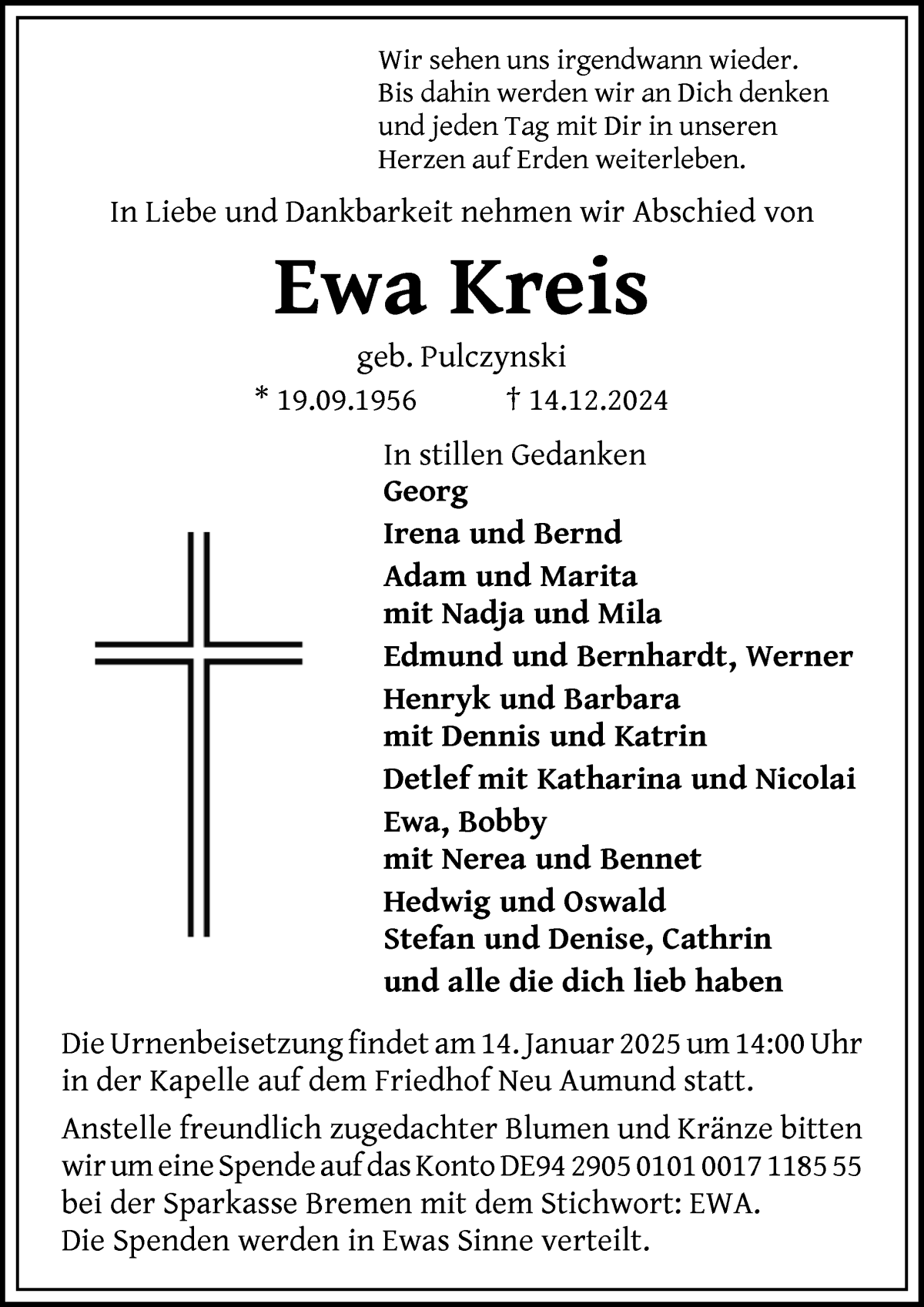 Traueranzeige von Ewa Kreis von Die Norddeutsche