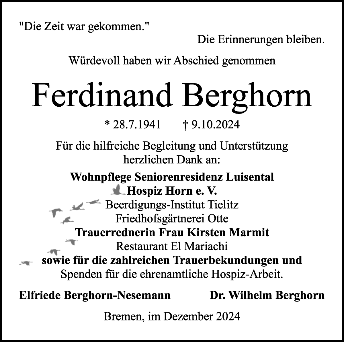 Traueranzeige von Ferdinand Berghorn von WESER-KURIER