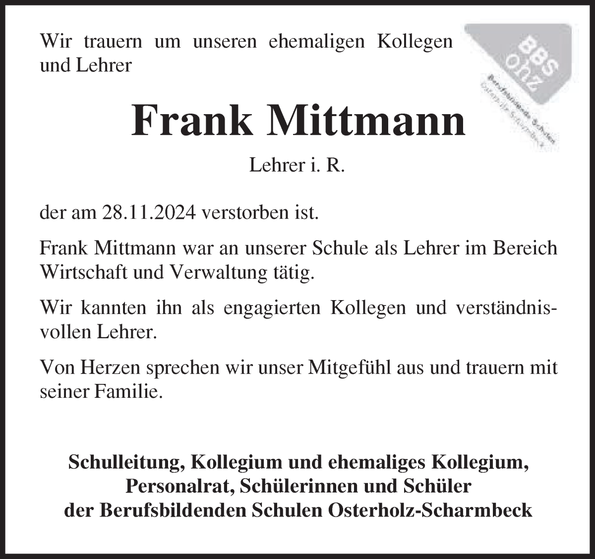 Traueranzeige von Frank Mittmann von Osterholzer Kreisblatt