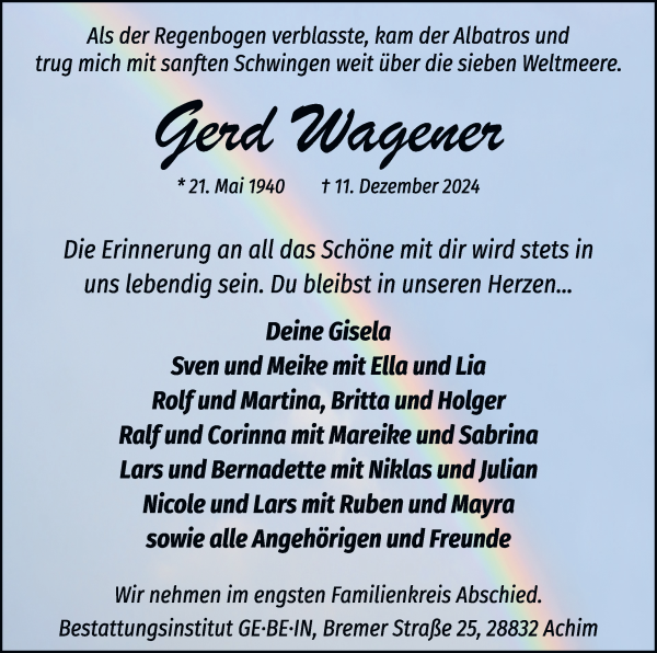 Traueranzeige von Gerd Wagener von WESER-KURIER