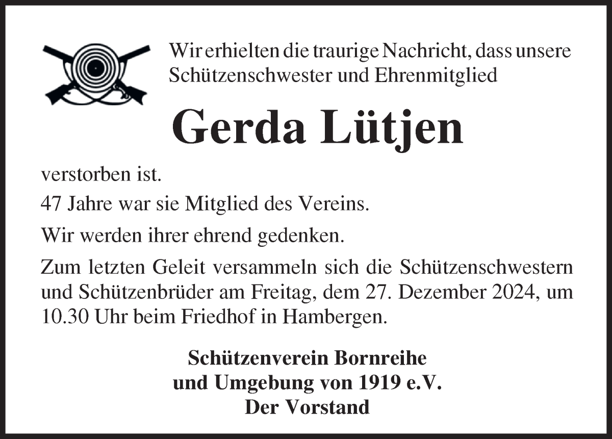 Traueranzeige von Gerda Lütjen von Osterholzer Kreisblatt