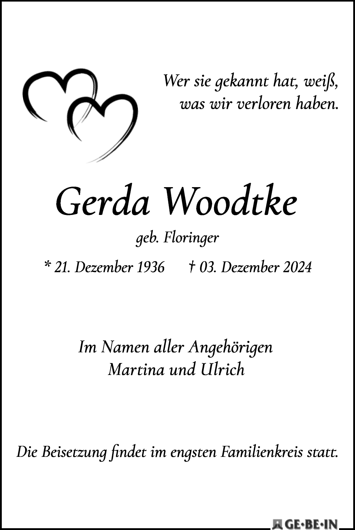 Traueranzeige von Gerda Woodtke von WESER-KURIER