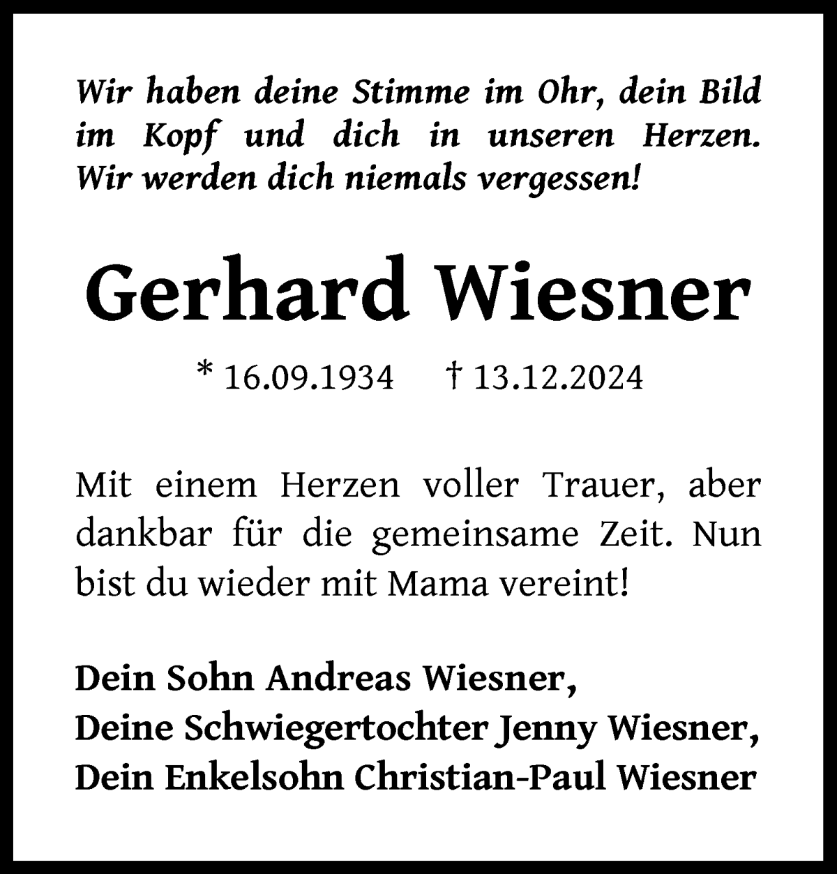 Traueranzeige von Gerhard Wiesner von WESER-KURIER