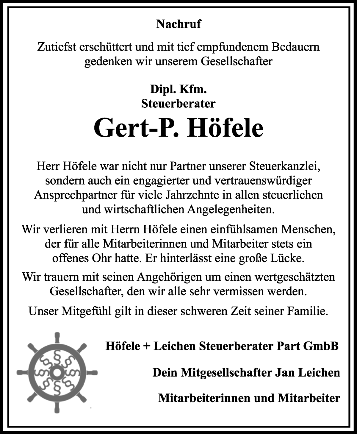 Traueranzeige von Gert-P. Höfele von WESER-KURIER