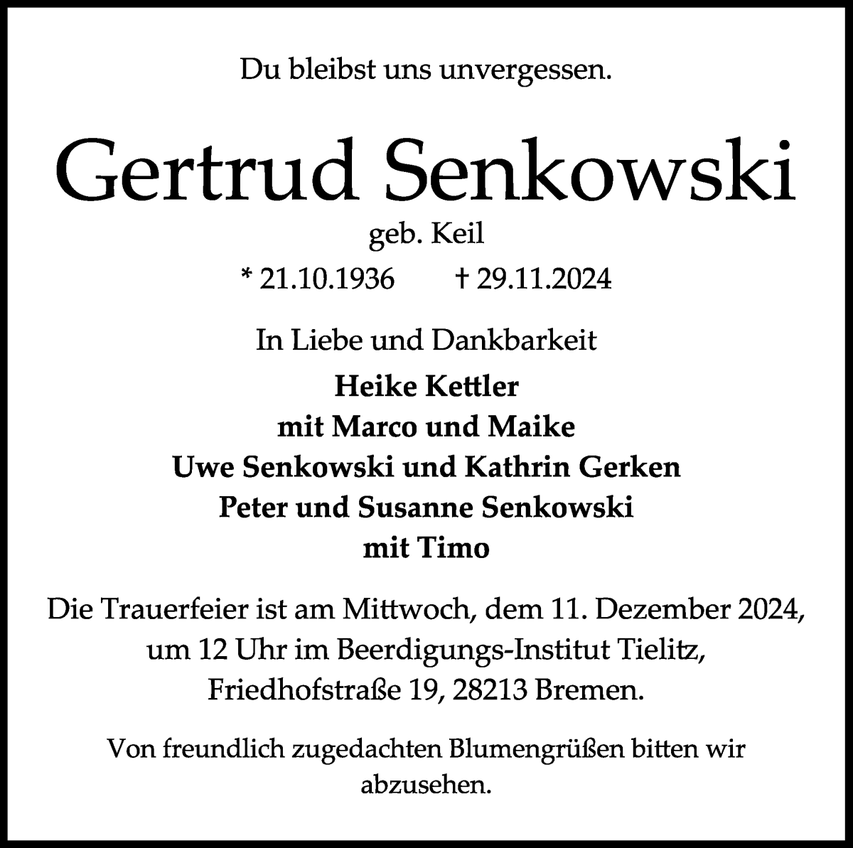 Traueranzeige von Gertrud Senkowski von WESER-KURIER