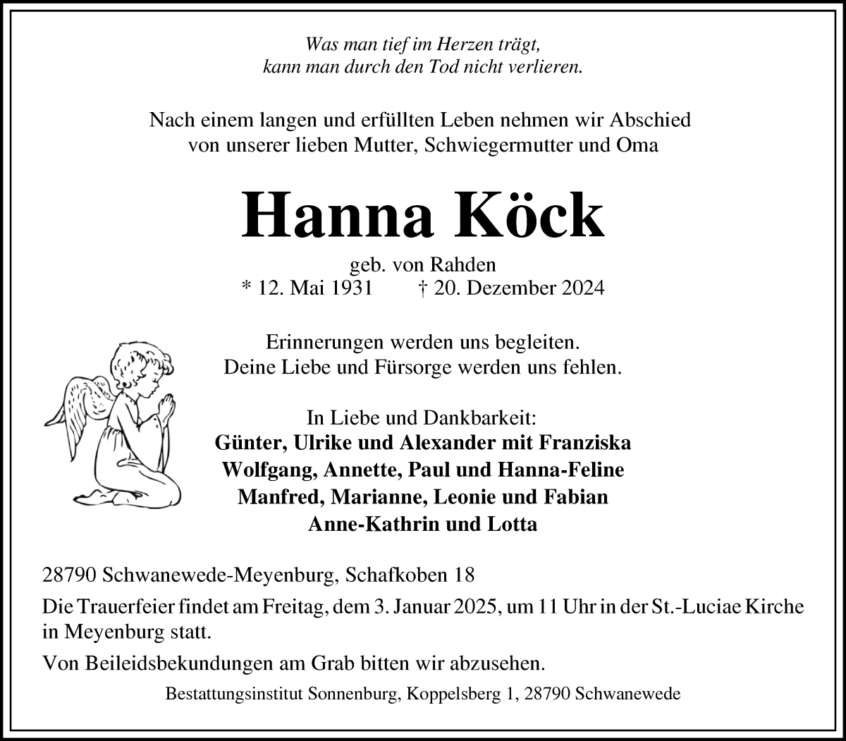 Traueranzeige von Hanna Köck von Die Norddeutsche