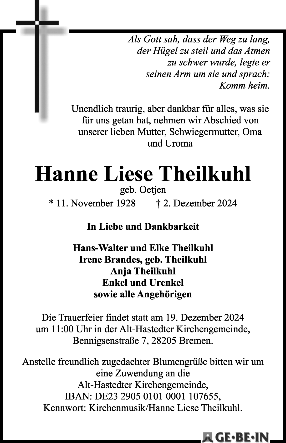 Traueranzeige von Hanne Liese Theilkuhl von WESER-KURIER