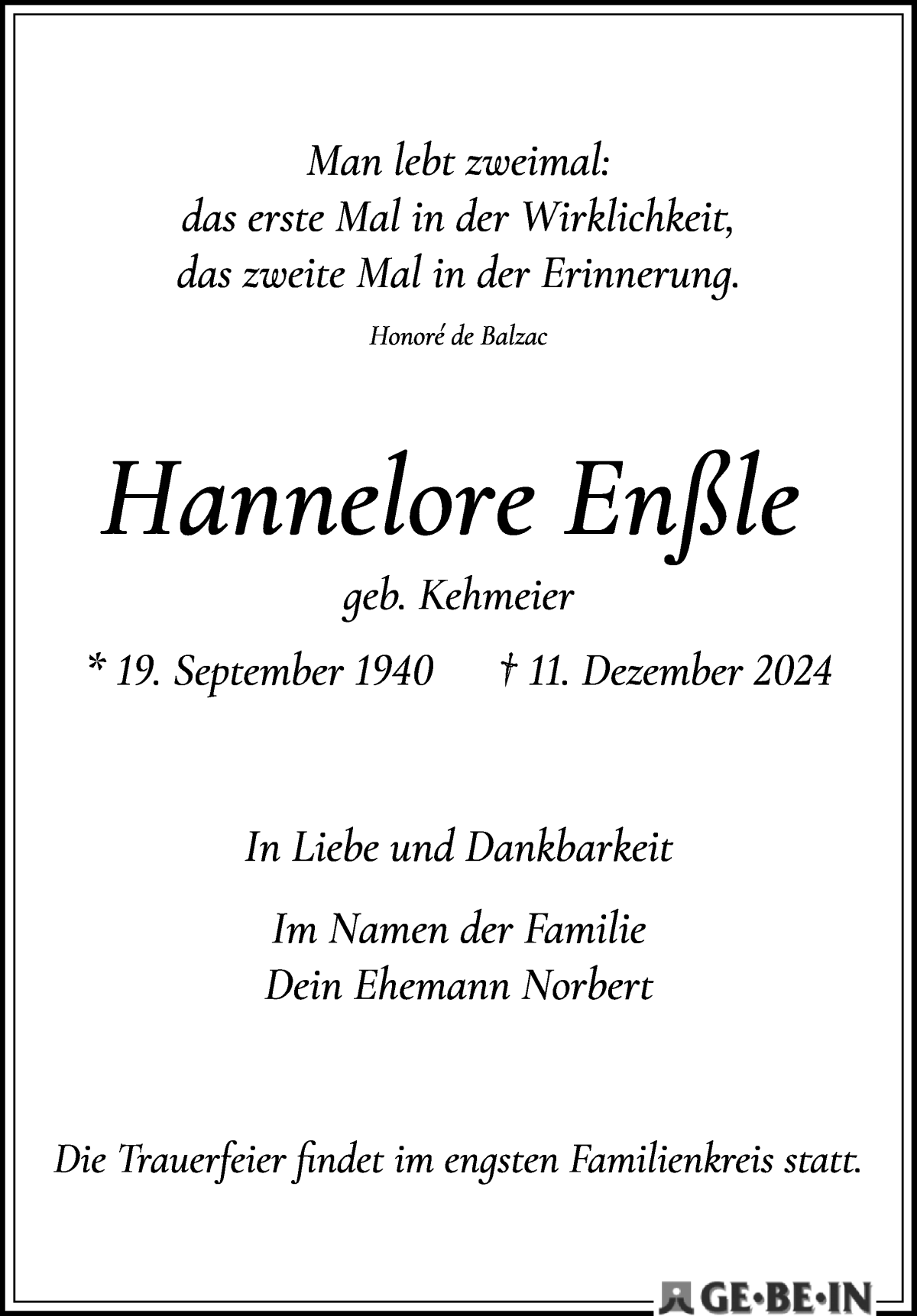 Traueranzeige von Hannelore Enßle von WESER-KURIER
