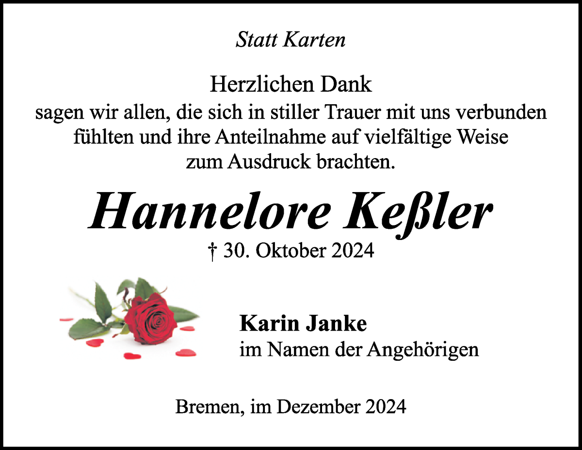 Traueranzeige von Hannelore Keßler von WESER-KURIER