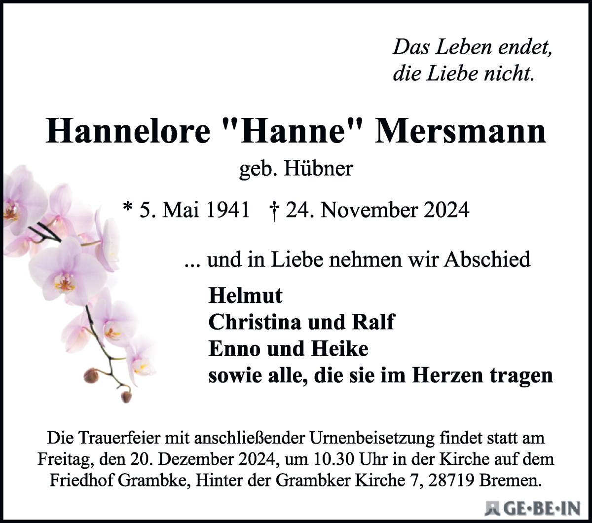 Traueranzeige von Hannelore Mersmann von WESER-KURIER