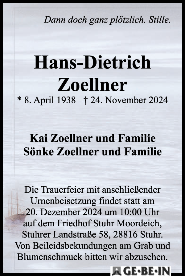 Traueranzeige von Hans-Dietrich Zoellner von WESER-KURIER