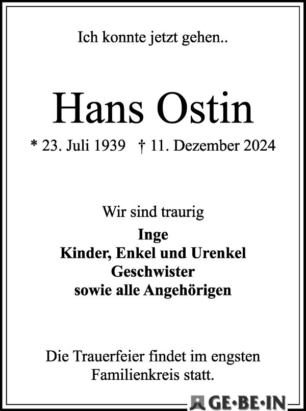 Traueranzeige von Hans Ostin von WESER-KURIER