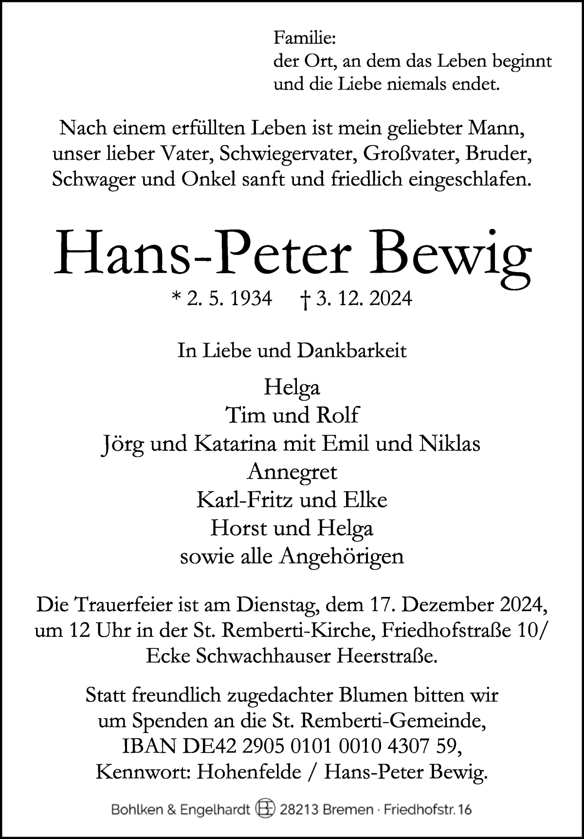 Traueranzeige von Hans-Peter Bewig von WESER-KURIER