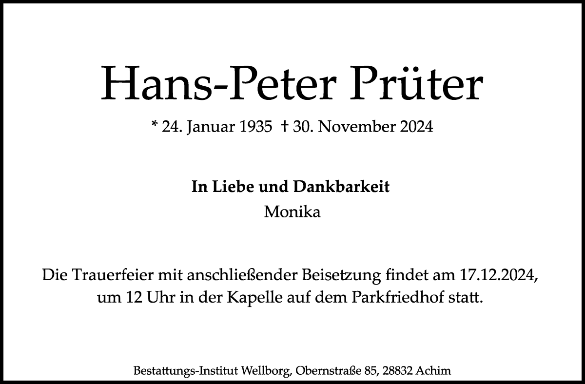 Traueranzeige von Hans-Peter Prüter von Achimer Kurier/Verdener Nachrichten