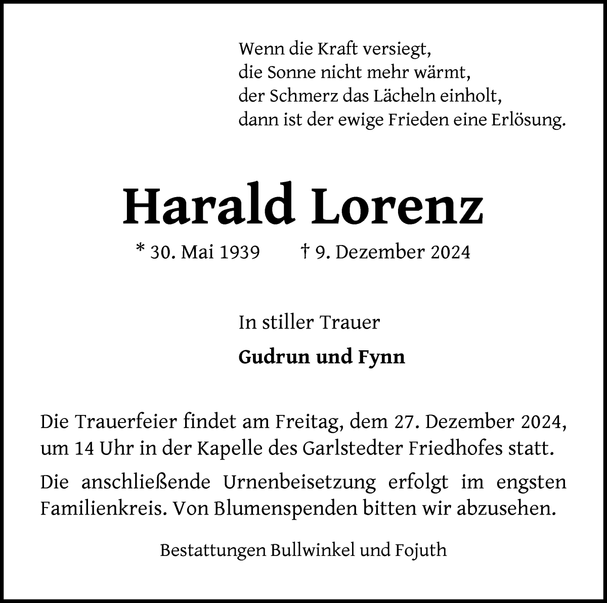 Traueranzeige von Harald Lorenz von Osterholzer Kreisblatt