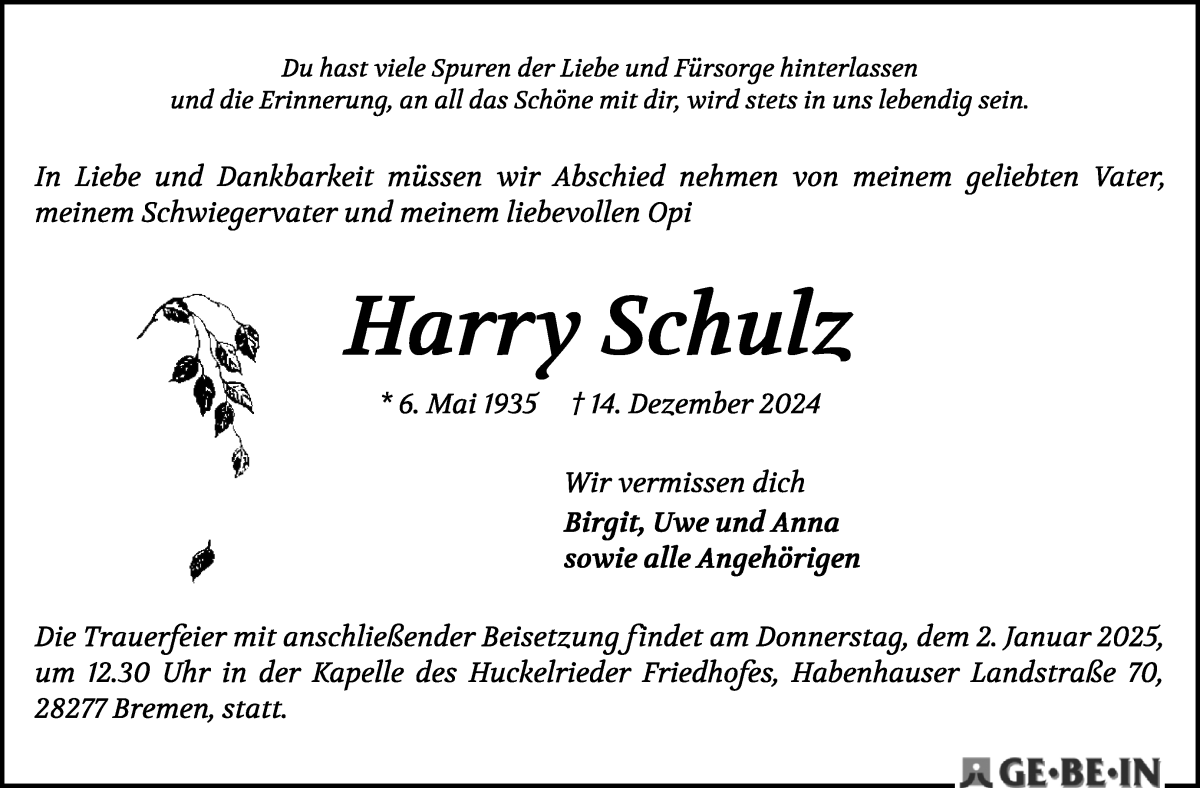 Traueranzeige von Harry Schulz von WESER-KURIER