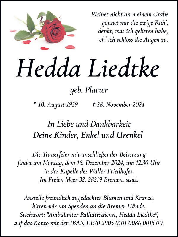 Traueranzeige von Hedda Liedtke von WESER-KURIER