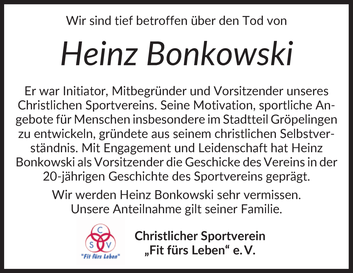 Traueranzeige von Heinz Bonkowski von WESER-KURIER