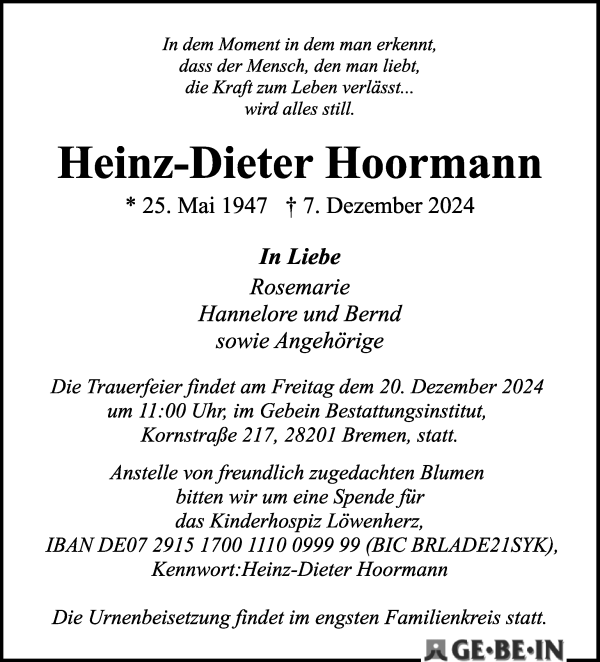 Traueranzeige von Heinz-Dieter Hoormann von WESER-KURIER