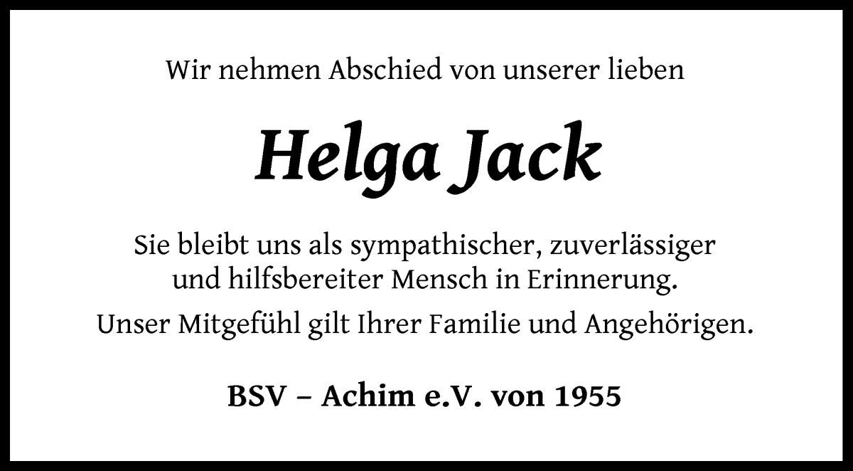 Traueranzeige von Helga Jack von Achimer Kurier/Verdener Nachrichten