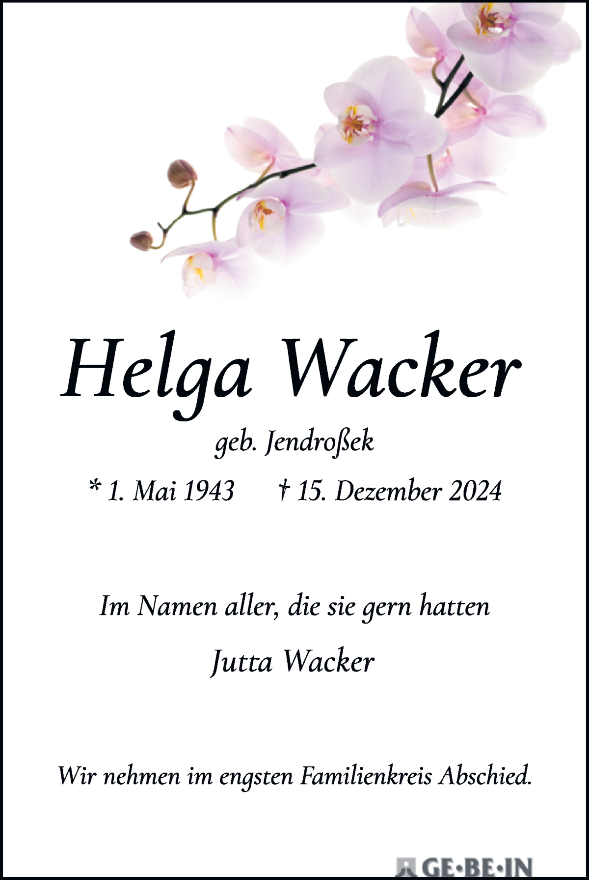 Traueranzeige von Helga Wacker von WESER-KURIER