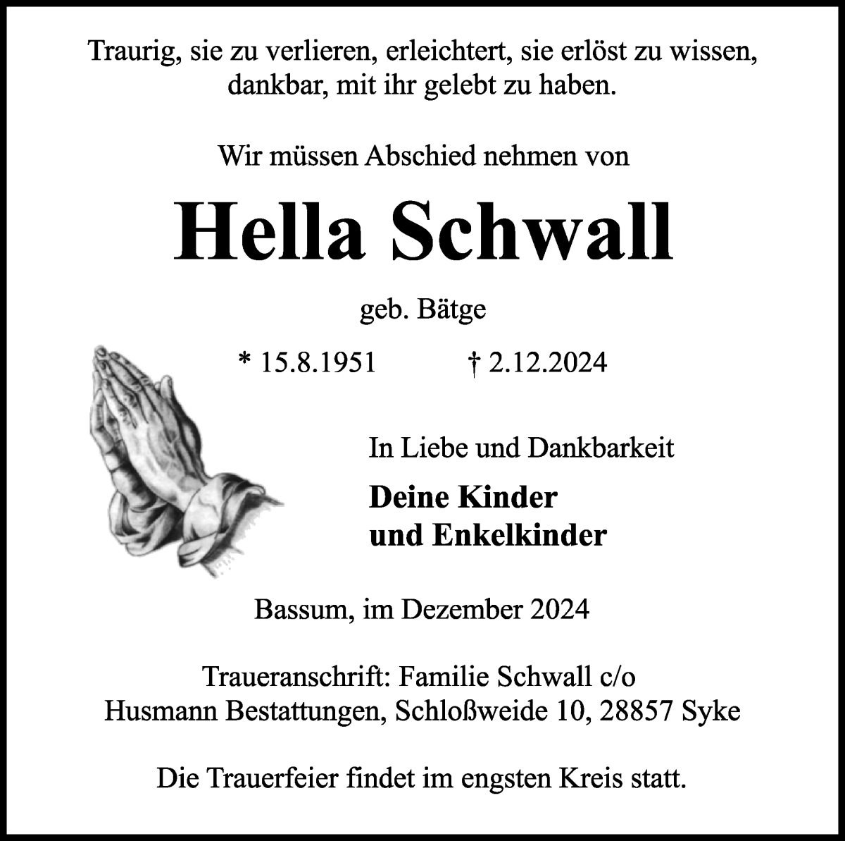 Traueranzeige von Hella Schwall von WESER-KURIER