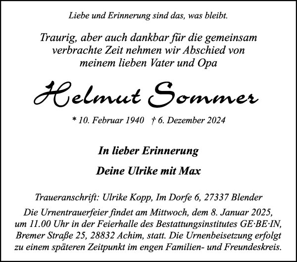 Traueranzeige von Helmut Sommer von WESER-KURIER